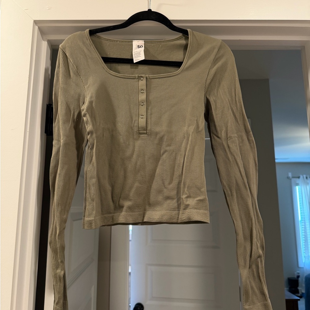 SO Olive Ribbed Henley Long Sleeve Top